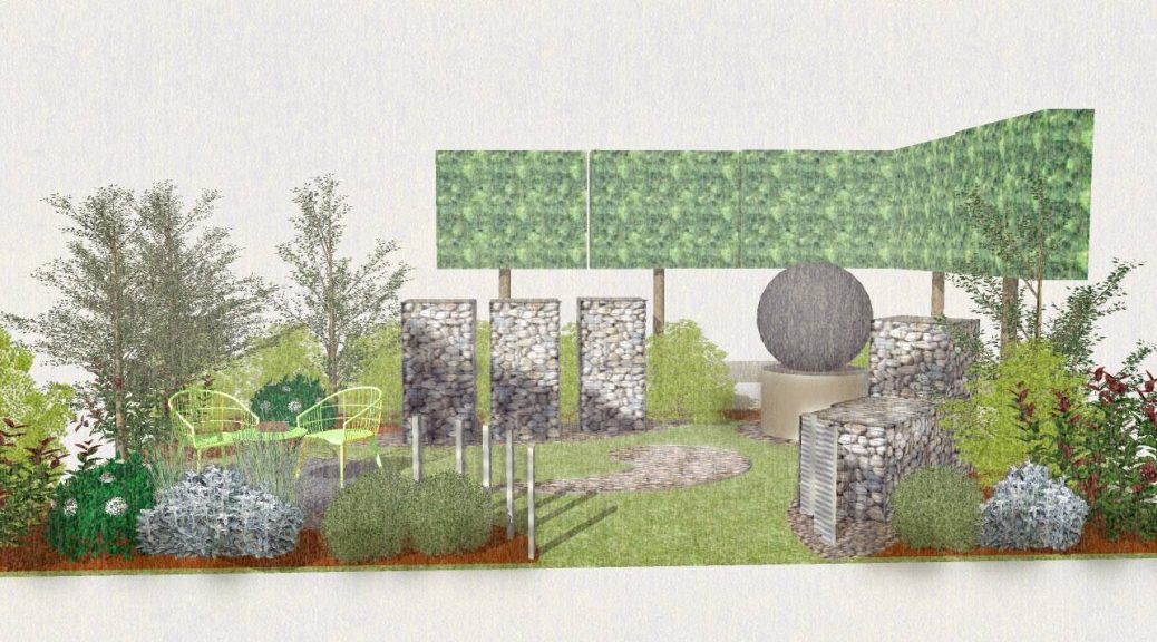 Garden design for Mental health garden showign gabion baskets filled with black and cream cobbles.