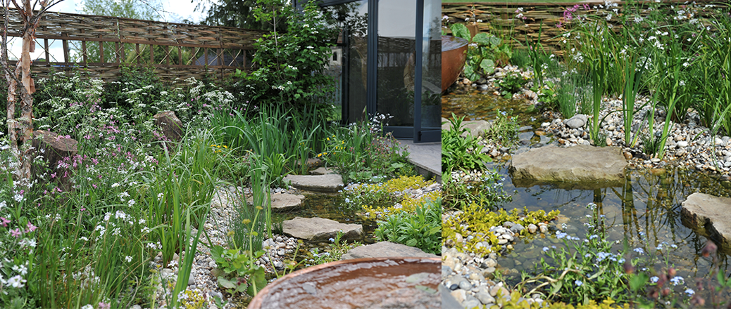 The Hide Garden, showing a stream and water feature flowing through pebbles and cobbles.